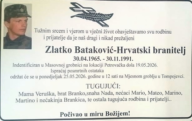 Osmrtnica vukovarskog branitelja Zlatka Batakovica