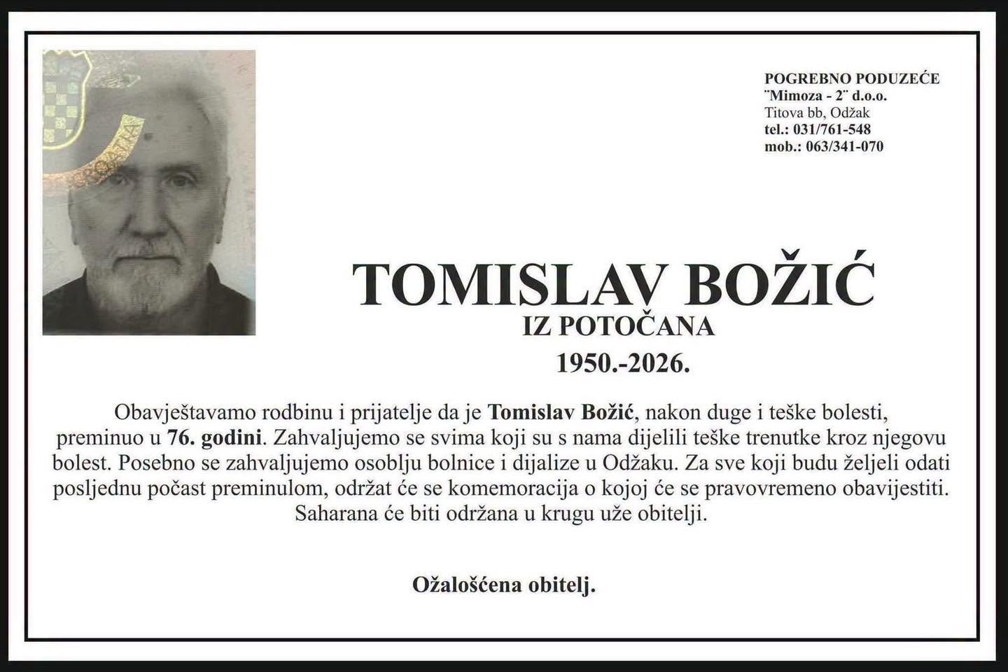Osmrtnica Tomislav Bozic Osmrtnica Tomislav Bozic