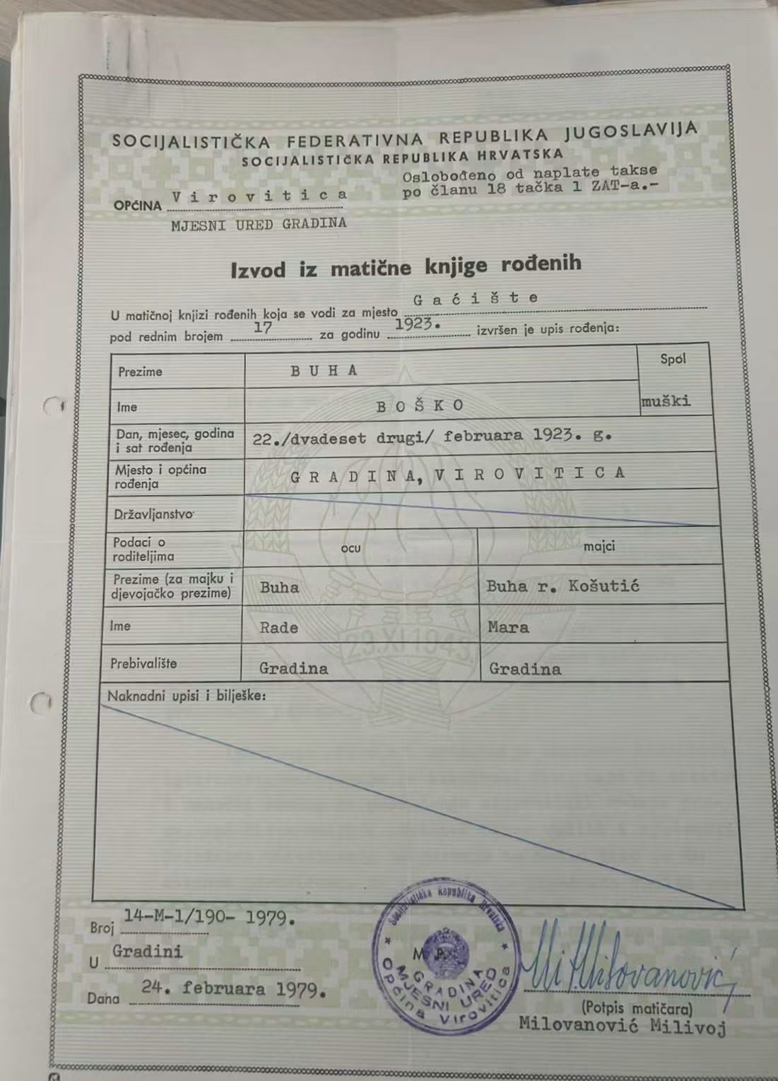 Rodni list Bosko Buha Rodni list Bosko Buha